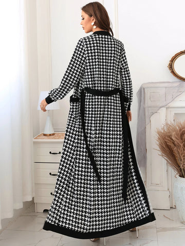 Modely Houndstooth Slit Back Bodycon Dress & Patched Pocket Belted Coat