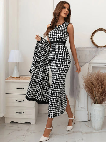 Modely Houndstooth Slit Back Bodycon Dress & Patched Pocket Belted Coat