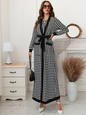 Modely Houndstooth Slit Back Bodycon Dress & Patched Pocket Belted Coat