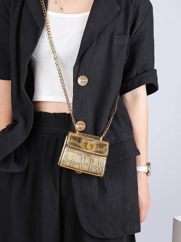 Waterproof,Lightweight,Business Casual Mini Metallic Crocodile Embossed Square Bag