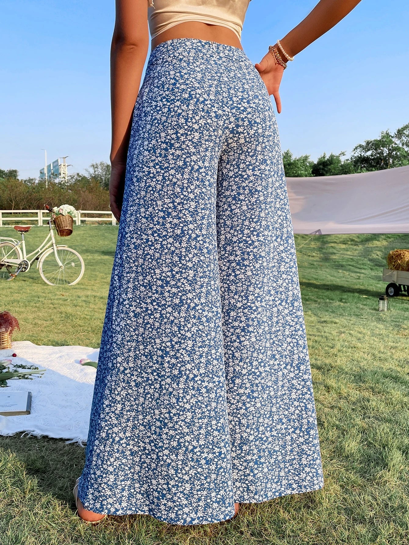 Ditsy Floral Print High Waist Wide Leg Pants shein