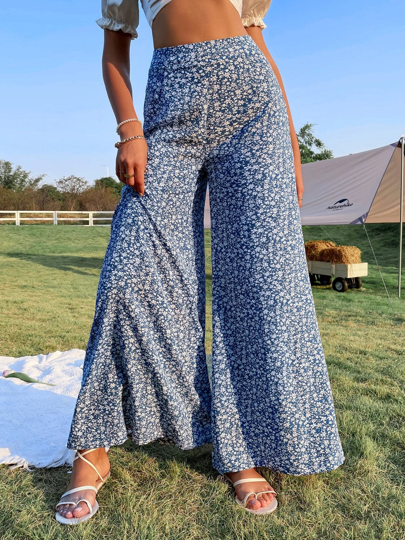Ditsy Floral Print High Waist Wide Leg Pants shein