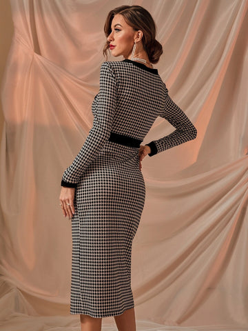 Modely Houndstooth Single Breasted Dress shein