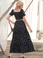 VCAY Square Neck Allover Print Shirred Puff Sleeve Crop Top & Polka Dot Print Skirt shein