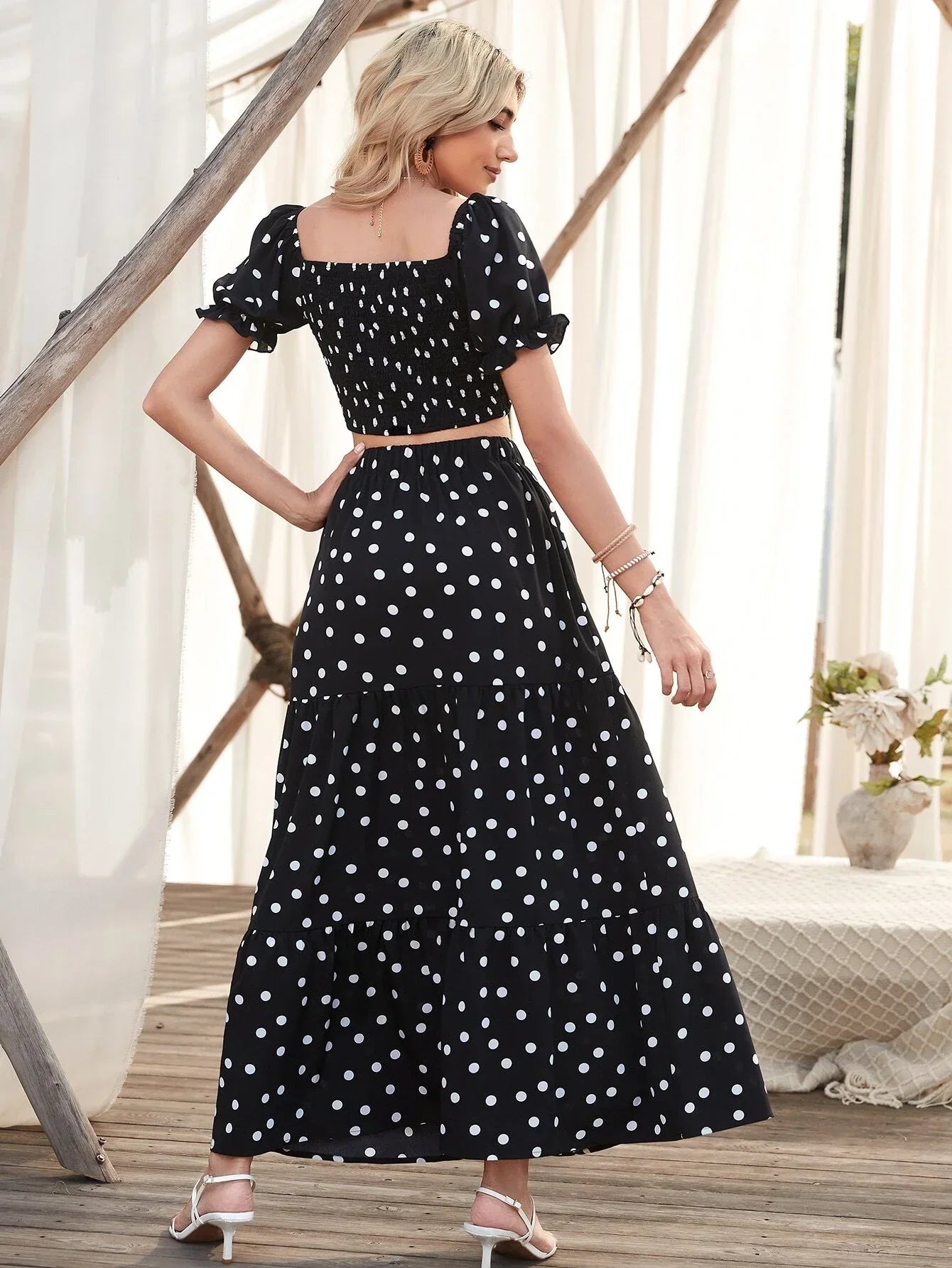 VCAY Square Neck Allover Print Shirred Puff Sleeve Crop Top & Polka Dot Print Skirt shein
