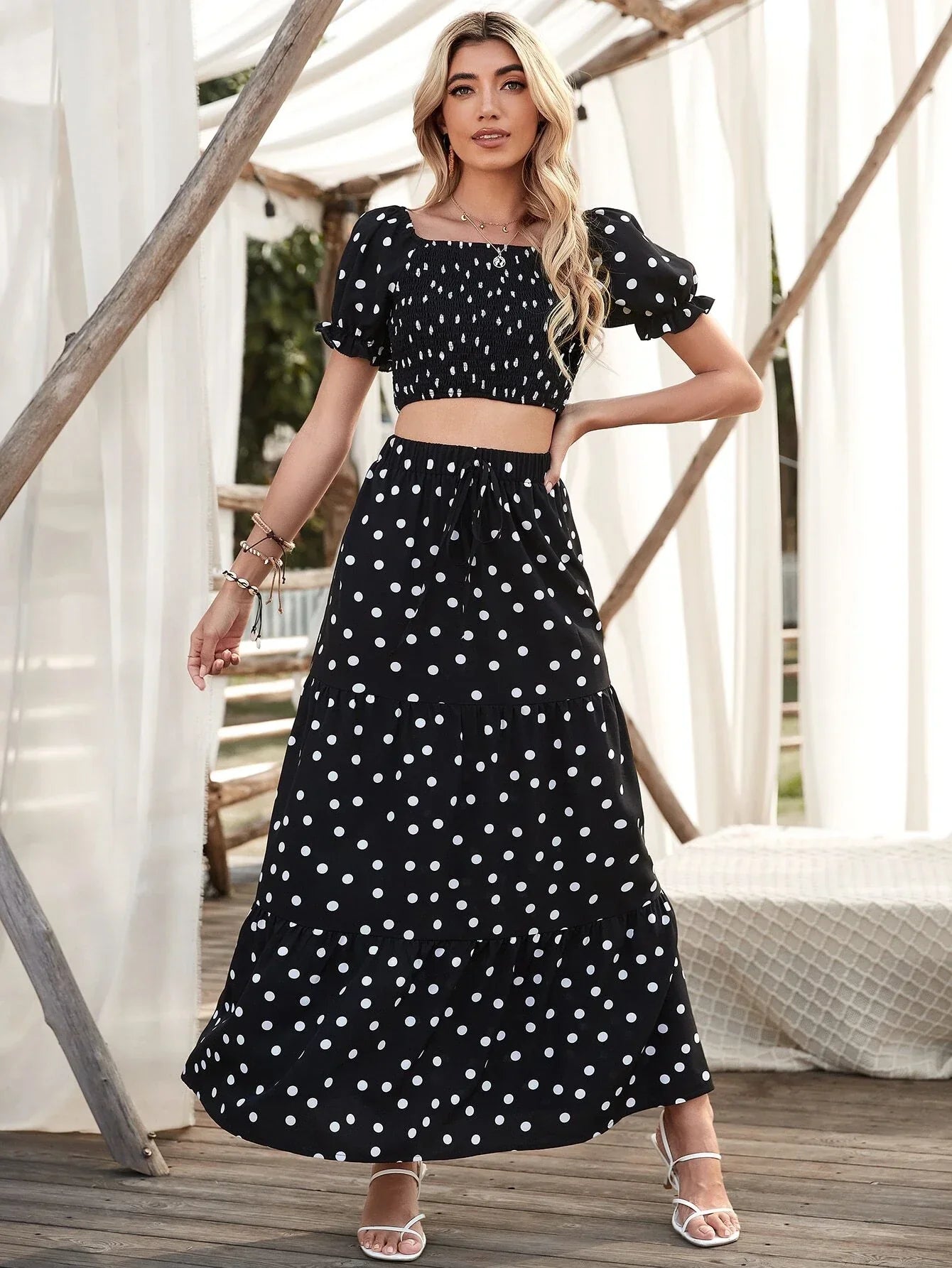 VCAY Square Neck Allover Print Shirred Puff Sleeve Crop Top & Polka Dot Print Skirt shein