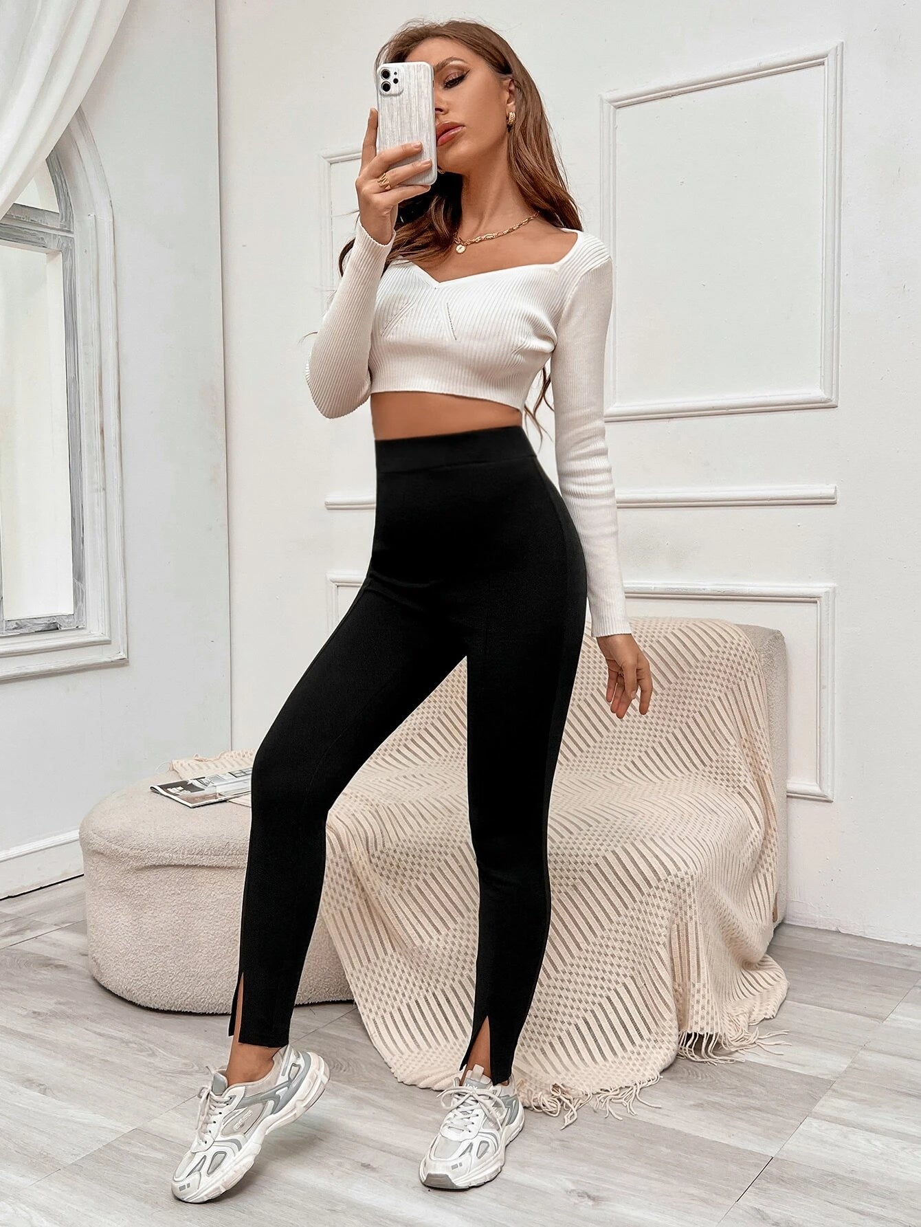 Essnce High Waist Split Hem Skinny Pants shein