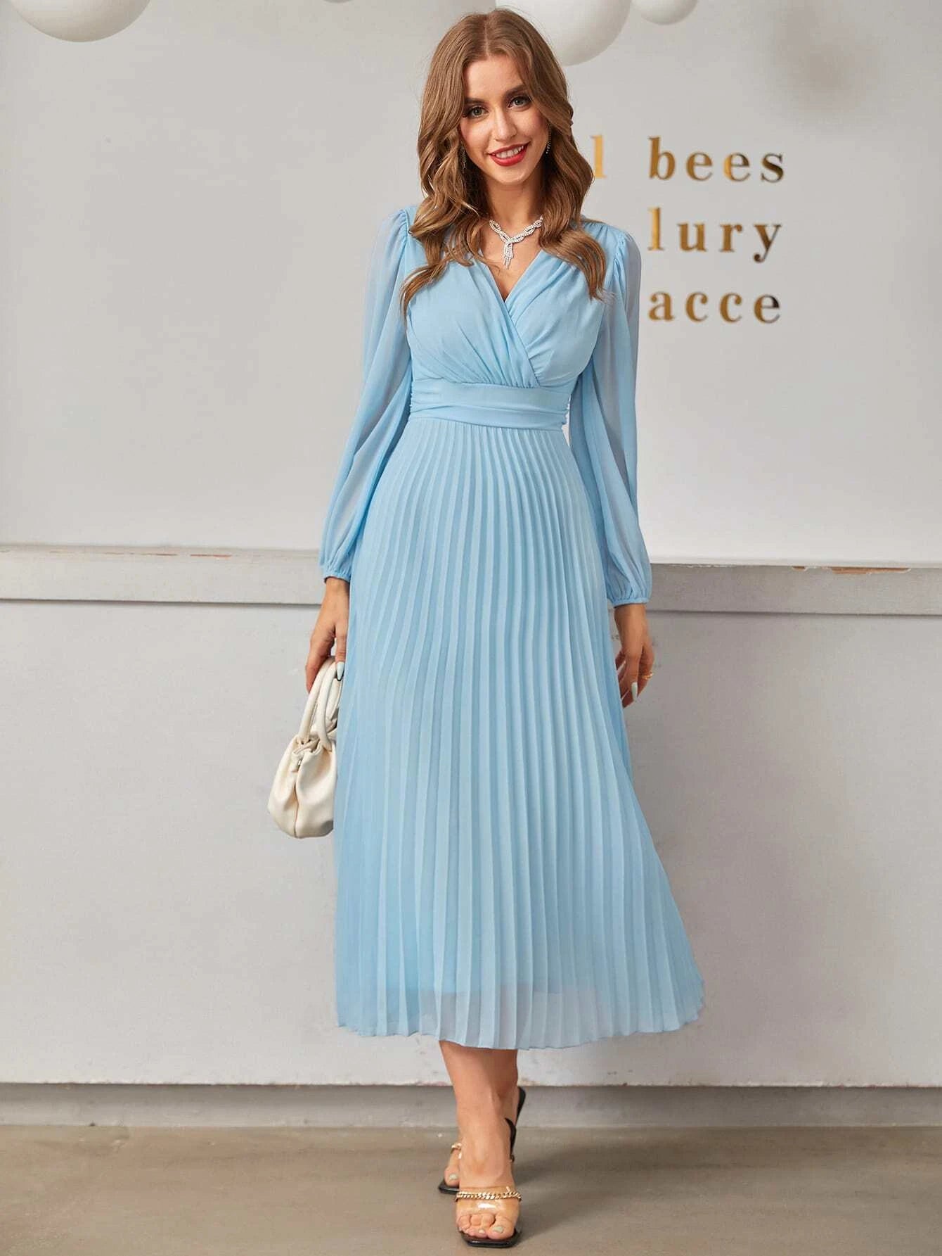 Modely Surplice Neck Pleated Hem Dress shein