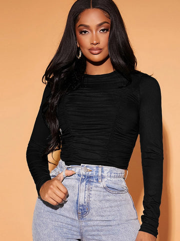 SXY Pleated Skinny Long Sleeve T-Shirt shein