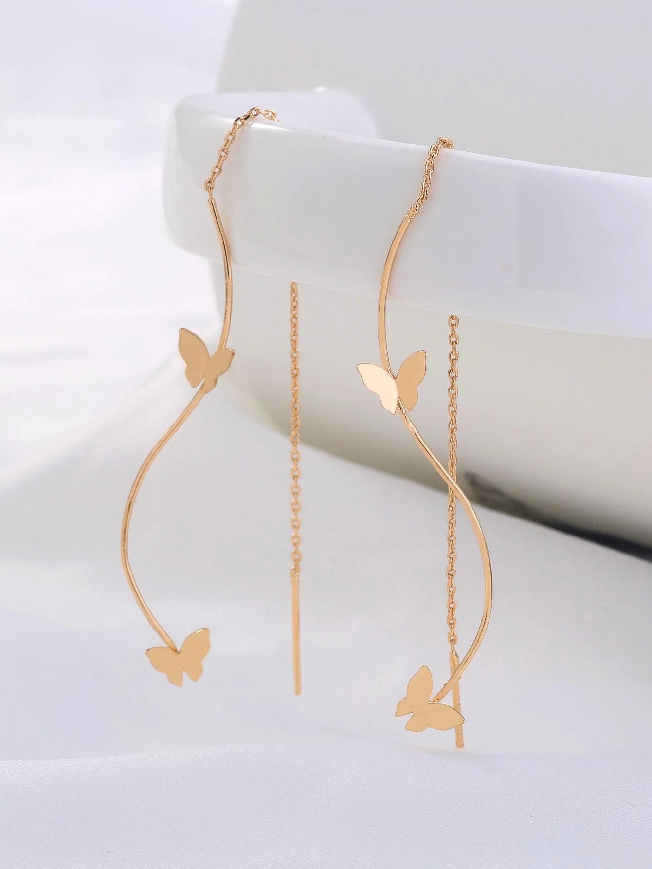 1pair Long Tassel Threader Earrings Wave Shaped Simple Long Chain Earrings Elegant Earrings shein