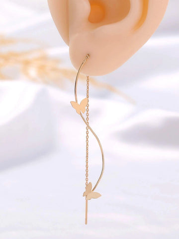 1pair Long Tassel Threader Earrings Wave Shaped Simple Long Chain Earrings Elegant Earrings shein