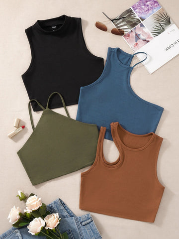 EZwear 4pcs Cut Out Asymmetrical Neck Ribbed Knit Tank Top shein