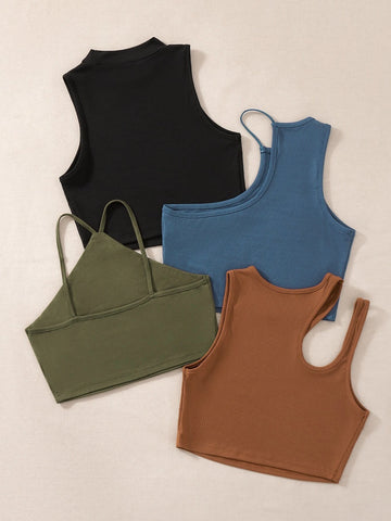 EZwear 4pcs Cut Out Asymmetrical Neck Ribbed Knit Tank Top shein