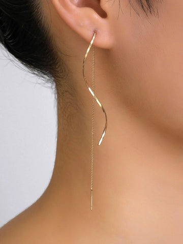 1pair Long Tassel Threader Earrings Wave Shaped Simple Long Chain Earrings Elegant Earrings shein