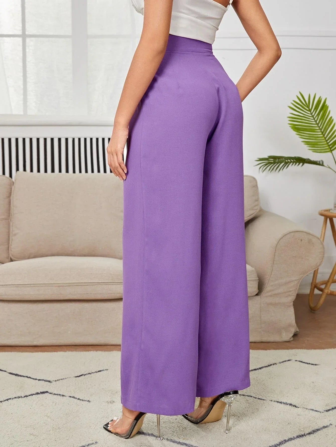 PETITE High Waist Plicated Wide Leg Black Dress Pants