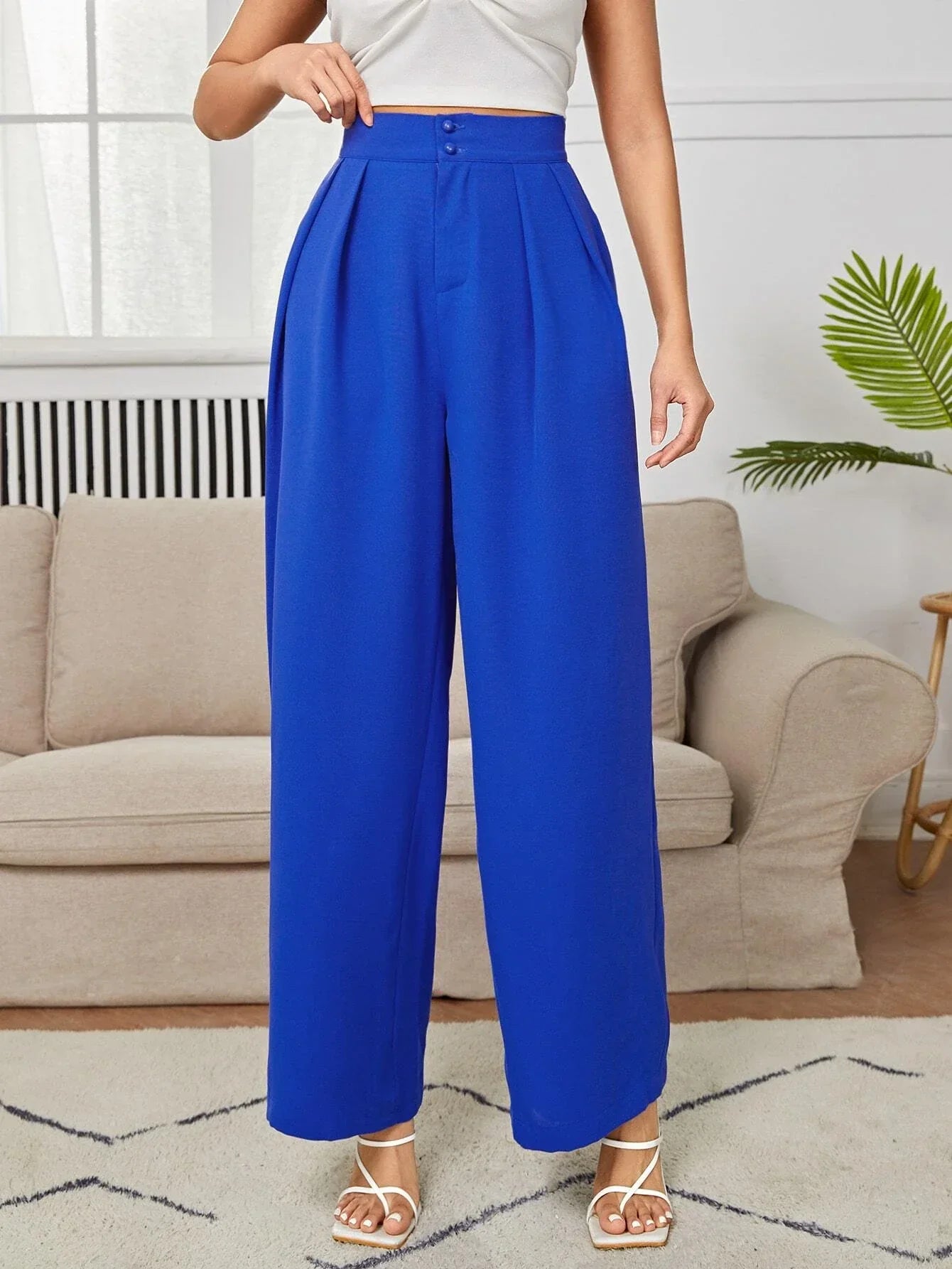 PETITE High Waist Plicated Wide Leg Black Dress Pants