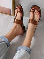 Knot Decor Artificial Leather Toe Post Flat Sandals shein
