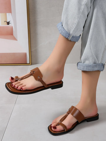 Knot Decor Artificial Leather Toe Post Flat Sandals