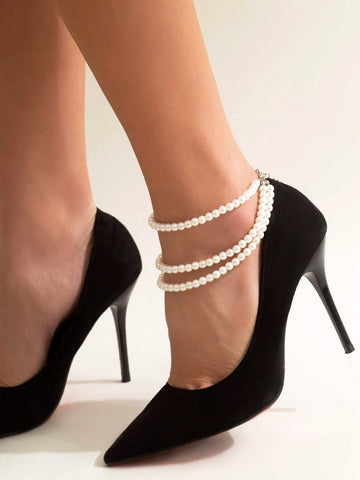 Layered Faux Pearl Decor Anklet shein