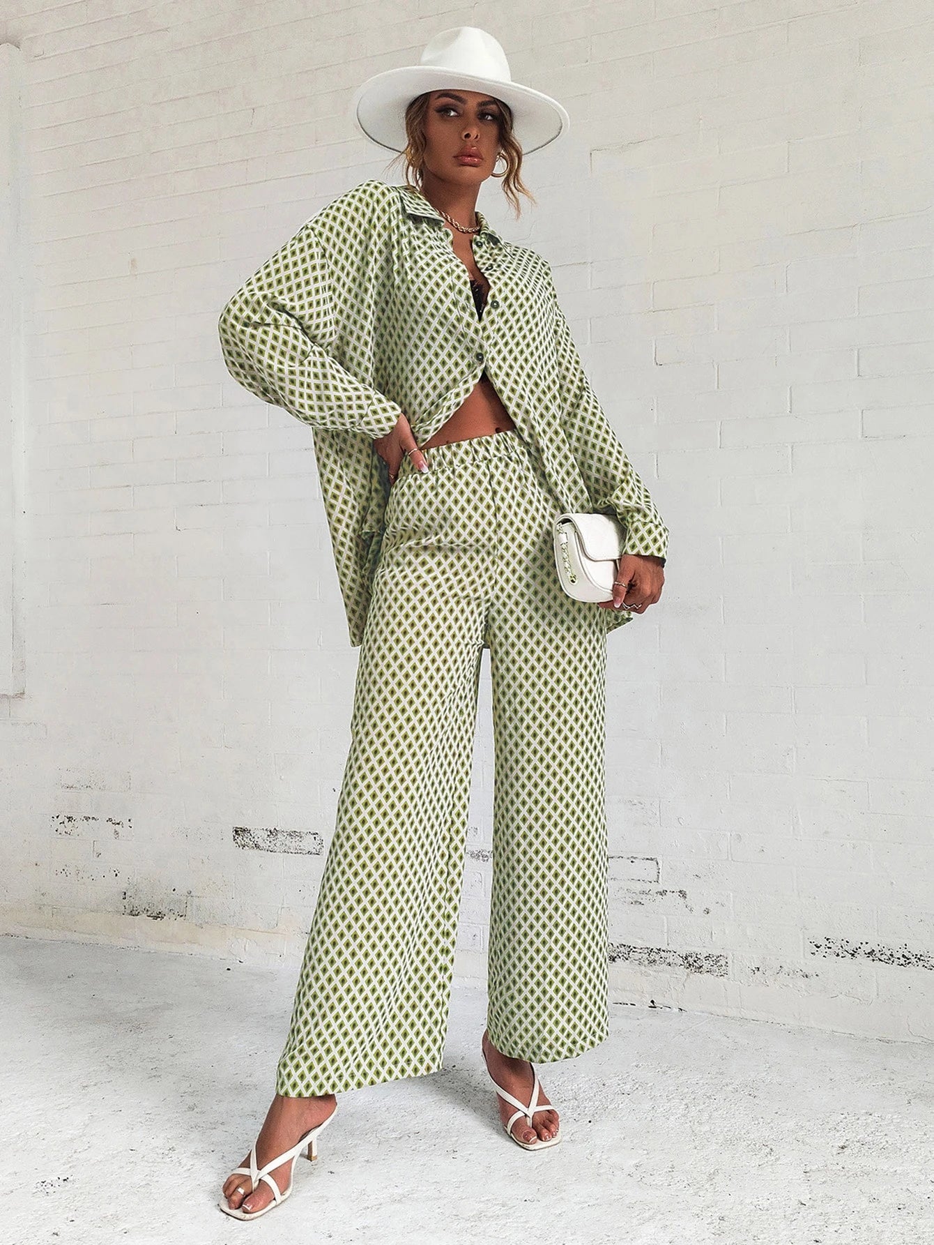 Rafferiza Argyle Print Drop Shoulder Blouse & Wide Leg Pants shein