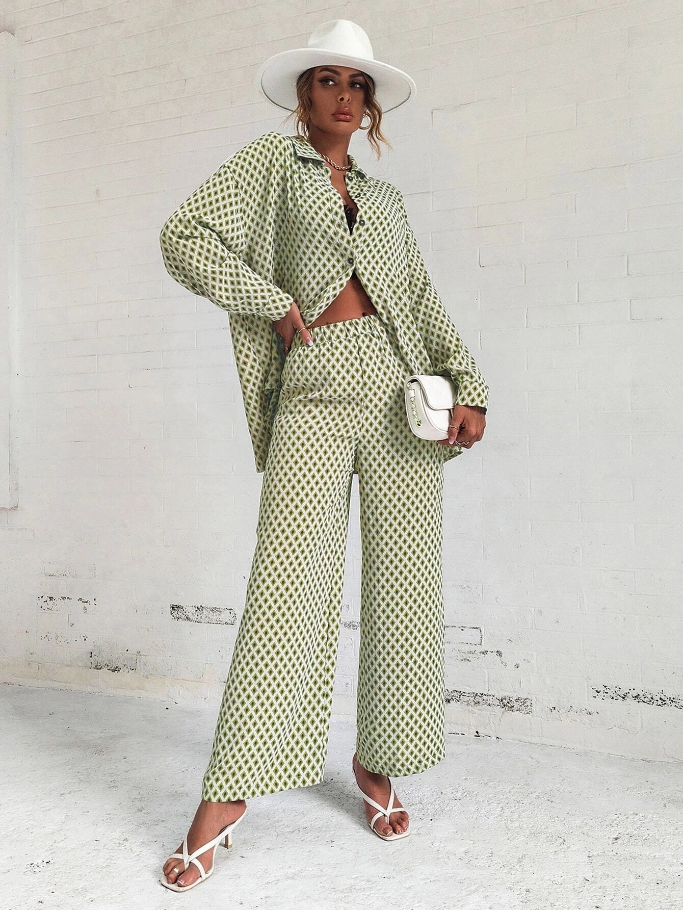 Priv� Argyle Print Drop Shoulder Blouse & Wide Leg Pants shein