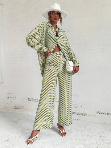 Rafferiza Argyle Print Drop Shoulder Blouse & Wide Leg Pants