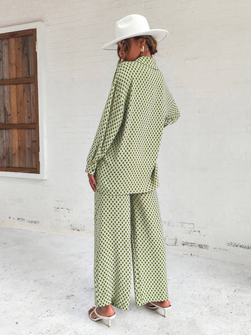 Rafferiza Argyle Print Drop Shoulder Blouse & Wide Leg Pants