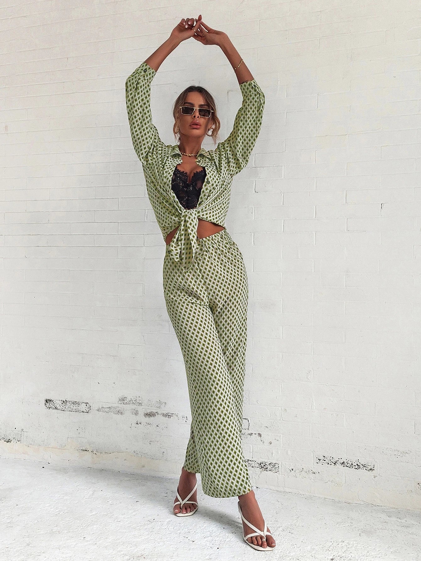 Rafferiza Argyle Print Drop Shoulder Blouse & Wide Leg Pants shein