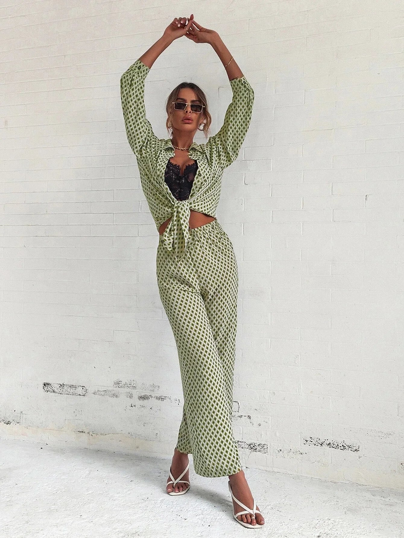 Priv� Argyle Print Drop Shoulder Blouse & Wide Leg Pants shein