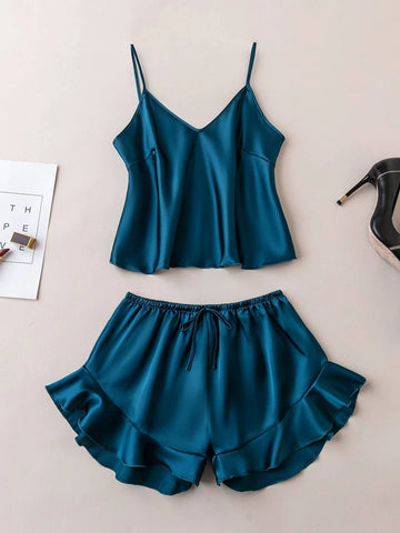 Ruffle Hem Satin PJ Set shein