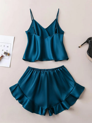 Ruffle Hem Satin PJ Set shein