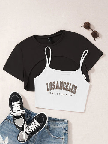 EZwear Letter Graphic Cami Top & High Low Tee shein