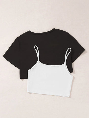 EZwear Letter Graphic Cami Top & High Low Tee shein