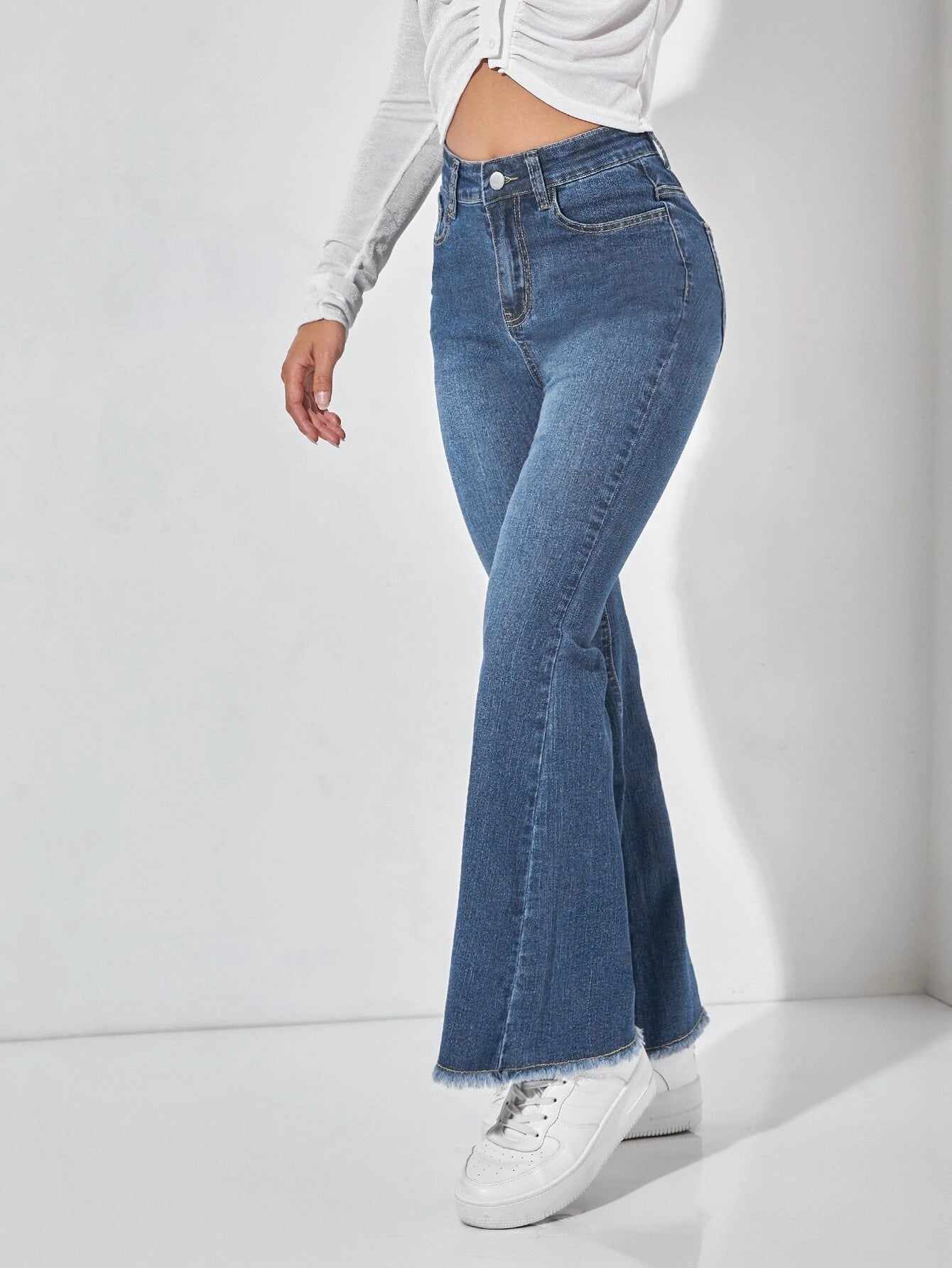 PETITE High Waist Raw Hem Flare Leg Jeans shein