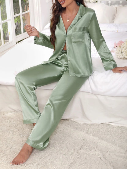 Women's Contrast Banded Collar Long Sleeve Pants Pajama Set shein