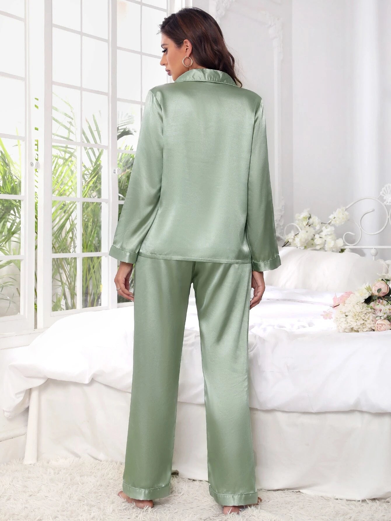 Women's Contrast Banded Collar Long Sleeve Pants Pajama Set shein