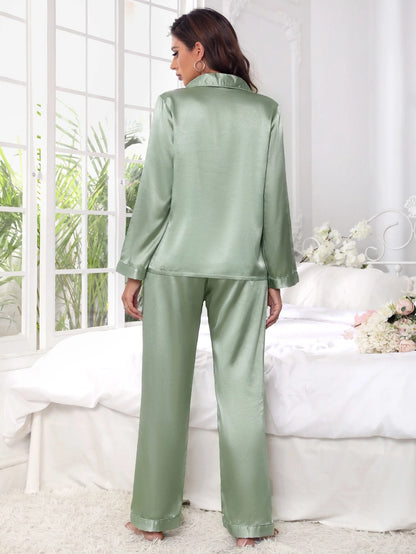 Women's Contrast Banded Collar Long Sleeve Pants Pajama Set shein