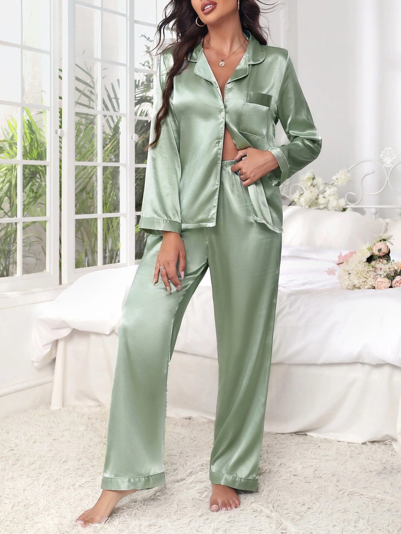 Women's Contrast Banded Collar Long Sleeve Pants Pajama Set shein
