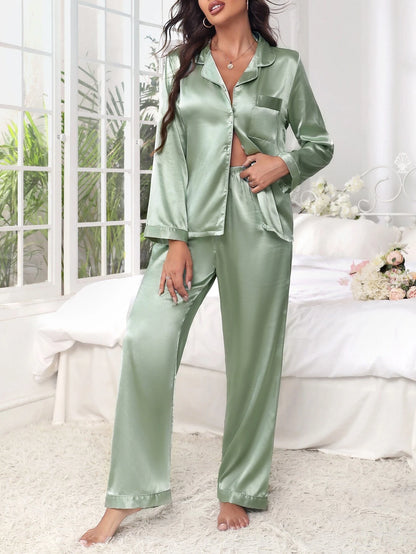 Women's Contrast Banded Collar Long Sleeve Pants Pajama Set shein