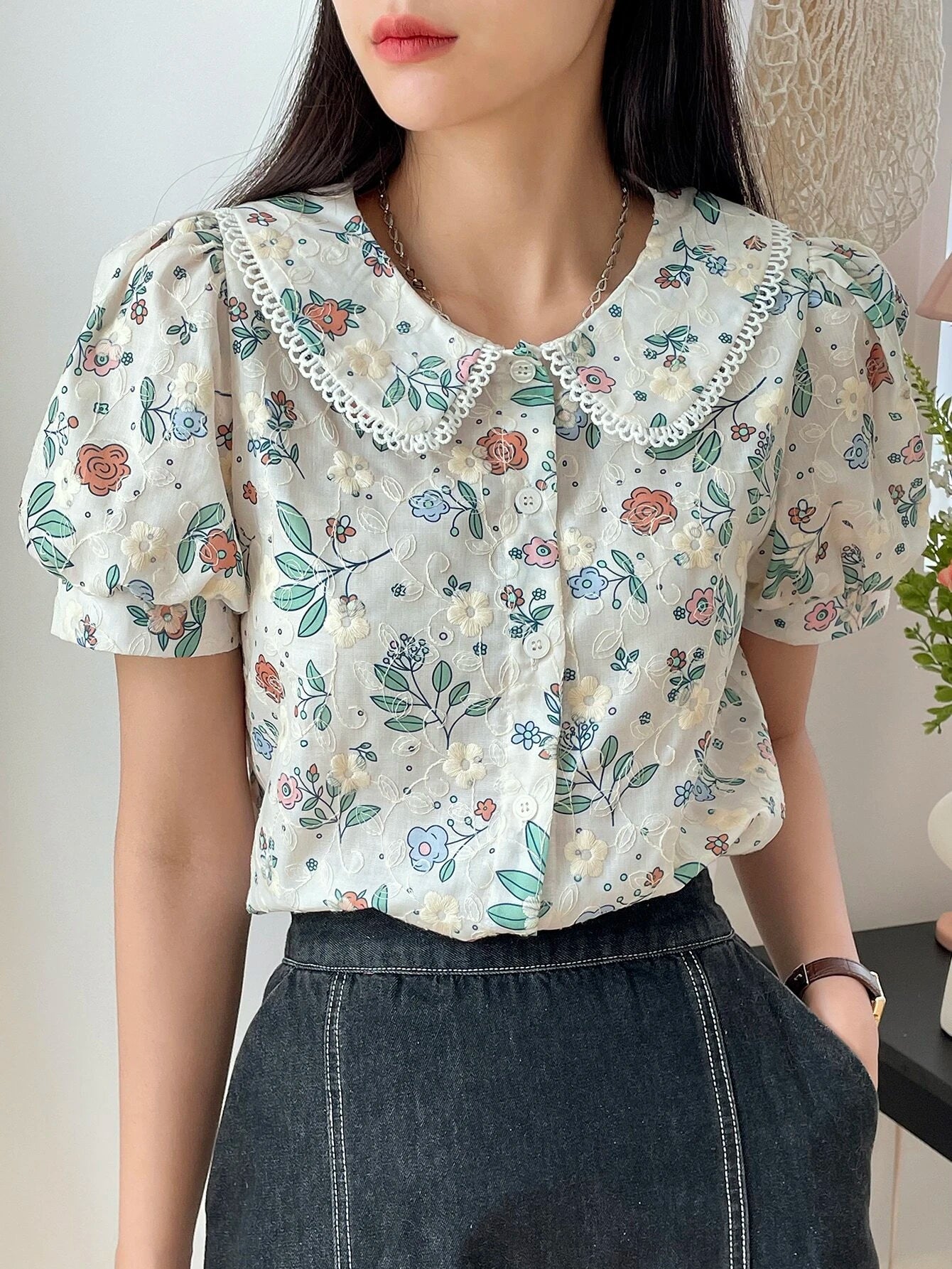 DAZY Floral Embroidery Peter Pan Collar Puff Sleeve Shirt shein