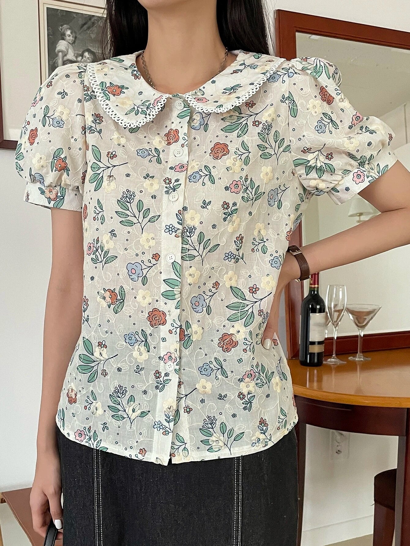 DAZY Floral Embroidery Peter Pan Collar Puff Sleeve Shirt shein