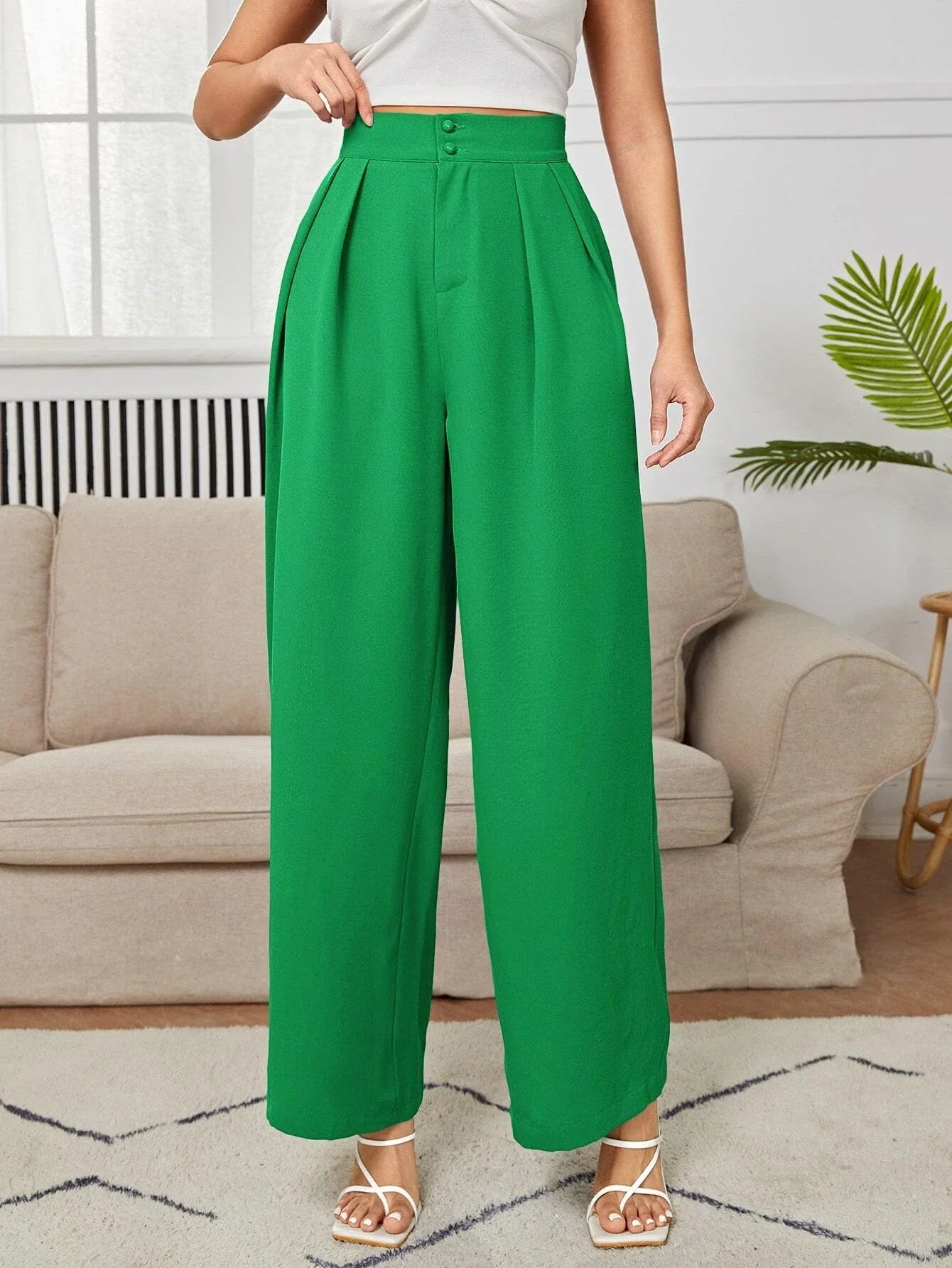 PETITE High Waist Plicated Wide Leg Black Dress Pants