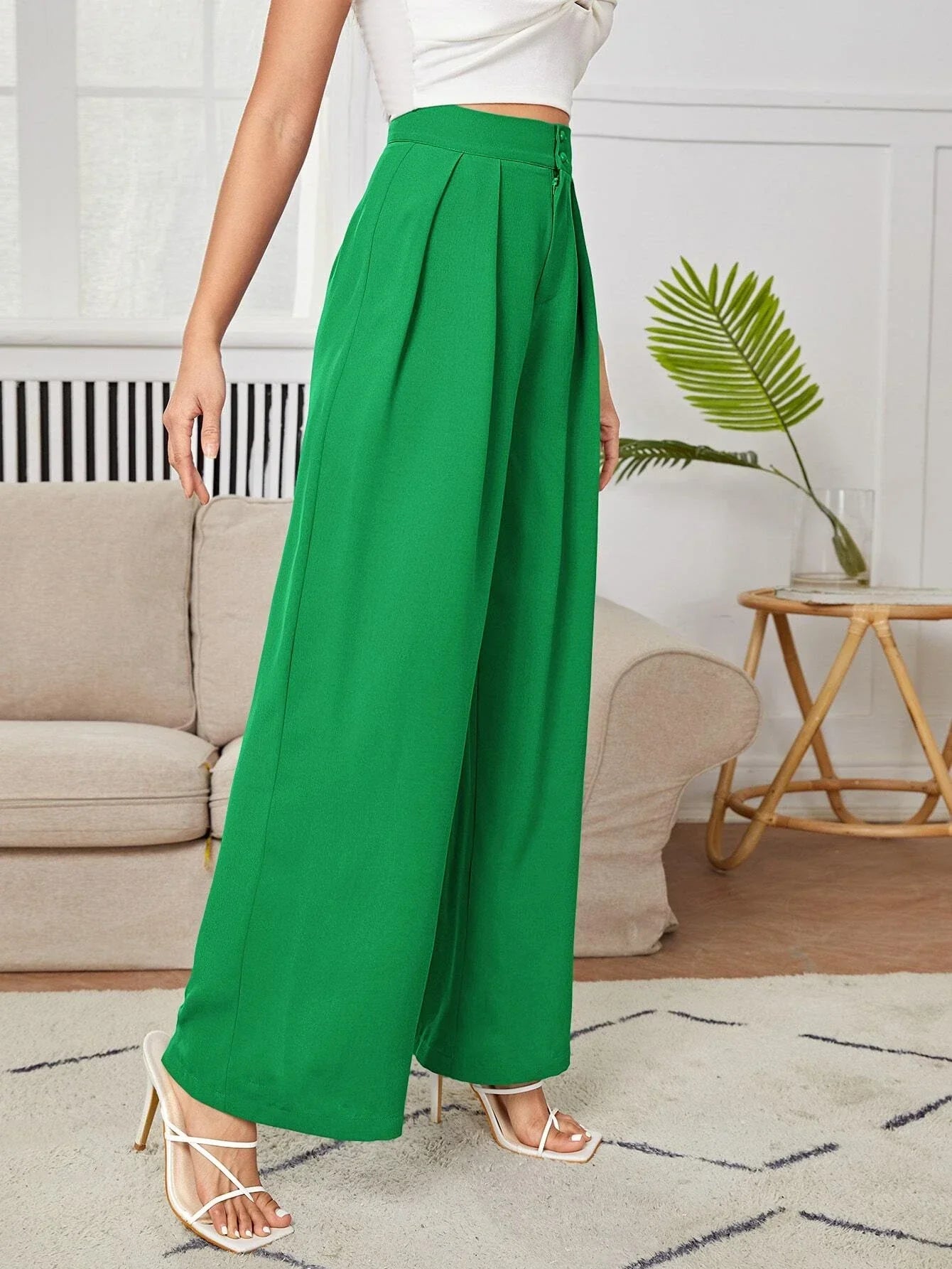 PETITE High Waist Plicated Wide Leg Black Dress Pants Shein