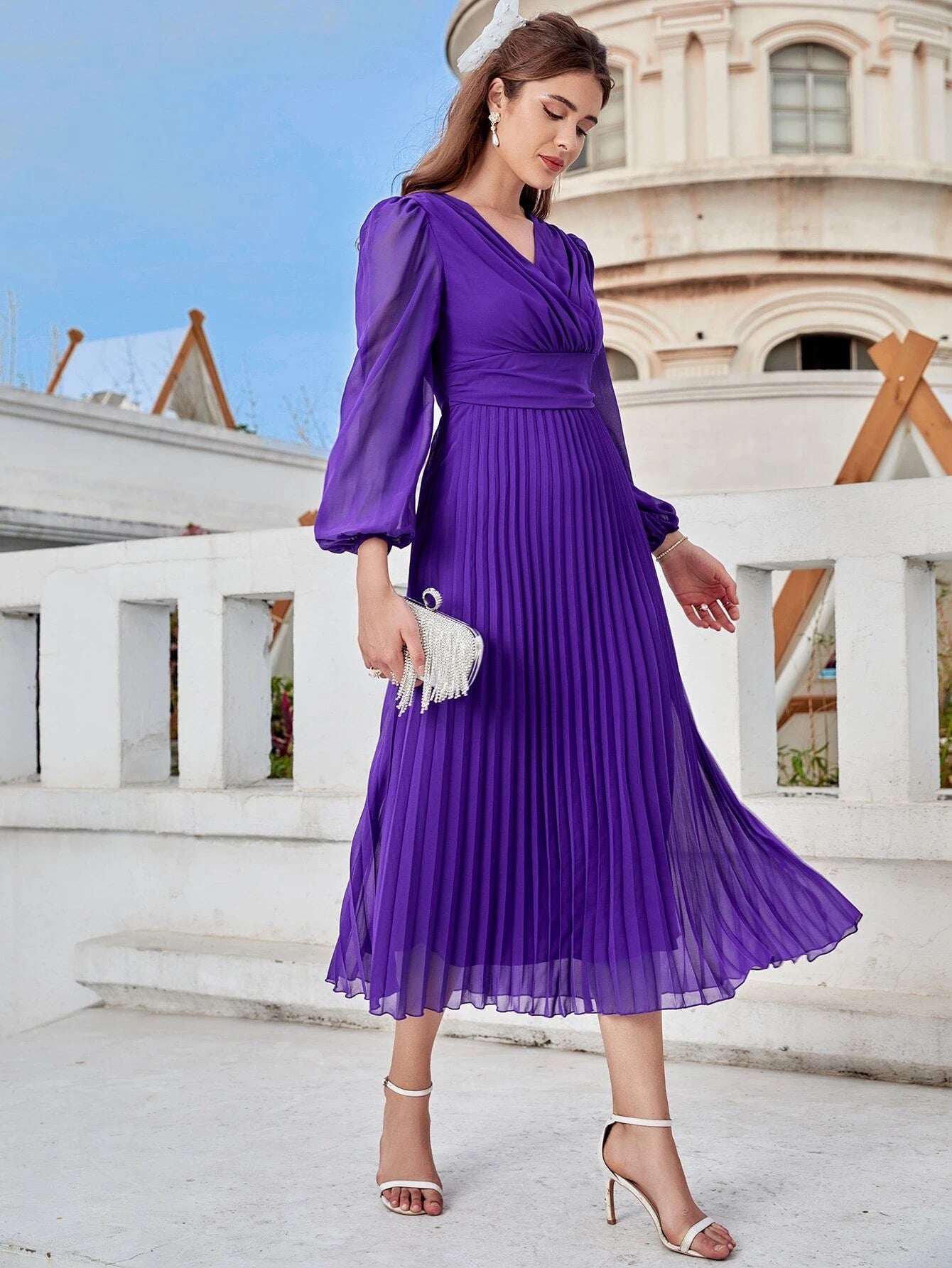 Modely Surplice Neck Pleated Hem Dress shein