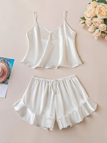 Ruffle Hem Satin PJ Set shein