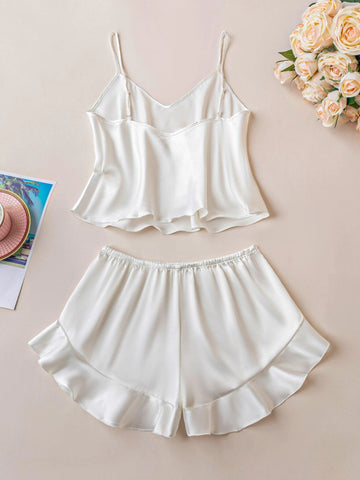 Ruffle Hem Satin PJ Set shein