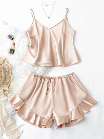 Ruffle Hem Satin PJ Set shein