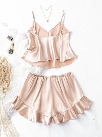 Ruffle Hem Satin PJ Set shein