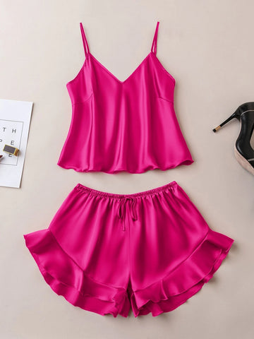 Ruffle Hem Satin PJ Set shein