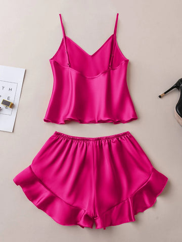 Ruffle Hem Satin PJ Set shein